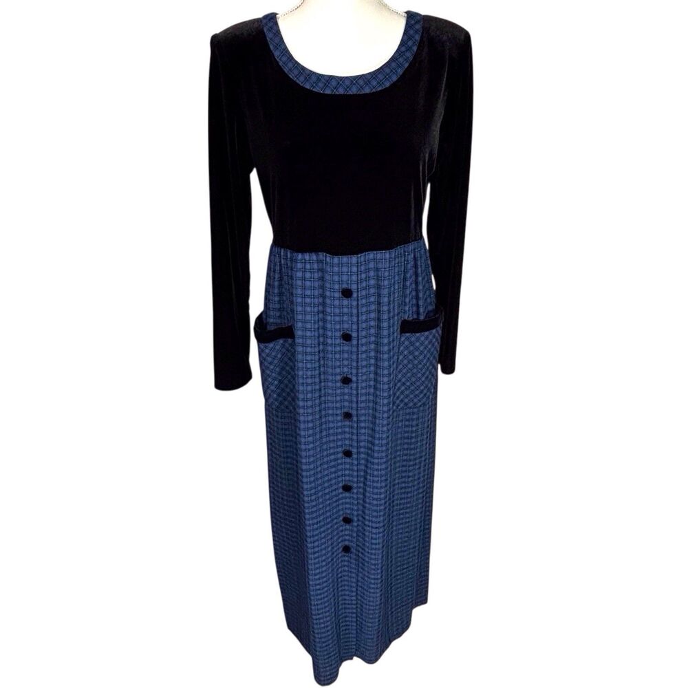 Vintage Jaclyn Hart Maxi Dress Size 10 Petite 10P Blue Plaid Black Velvet